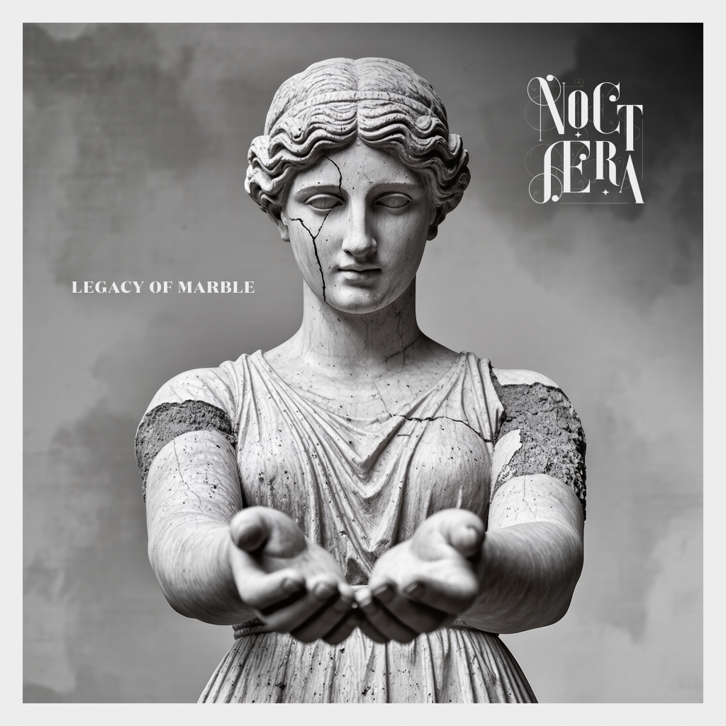 Album cover for Legacy of Marble by Noctaera, statues playing music in a forest.